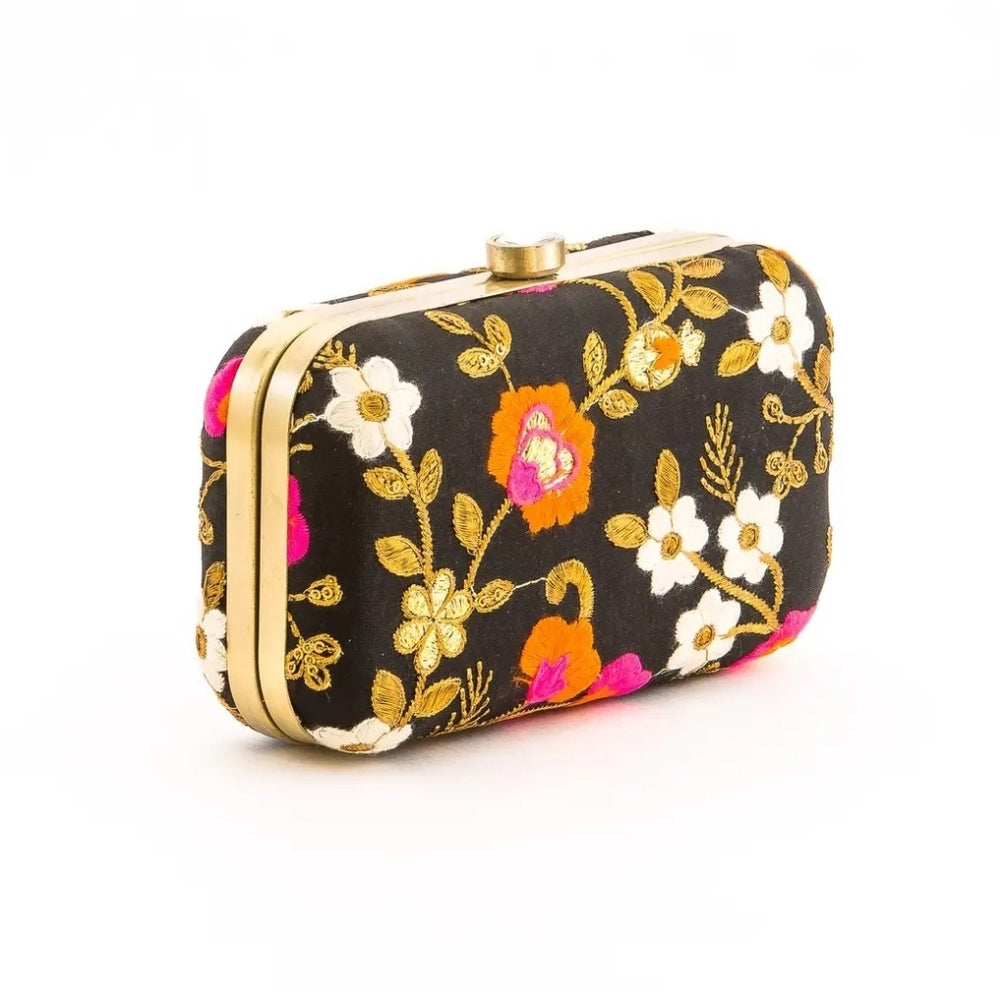 Black Floral Embroidered Clutch with Gold Accents