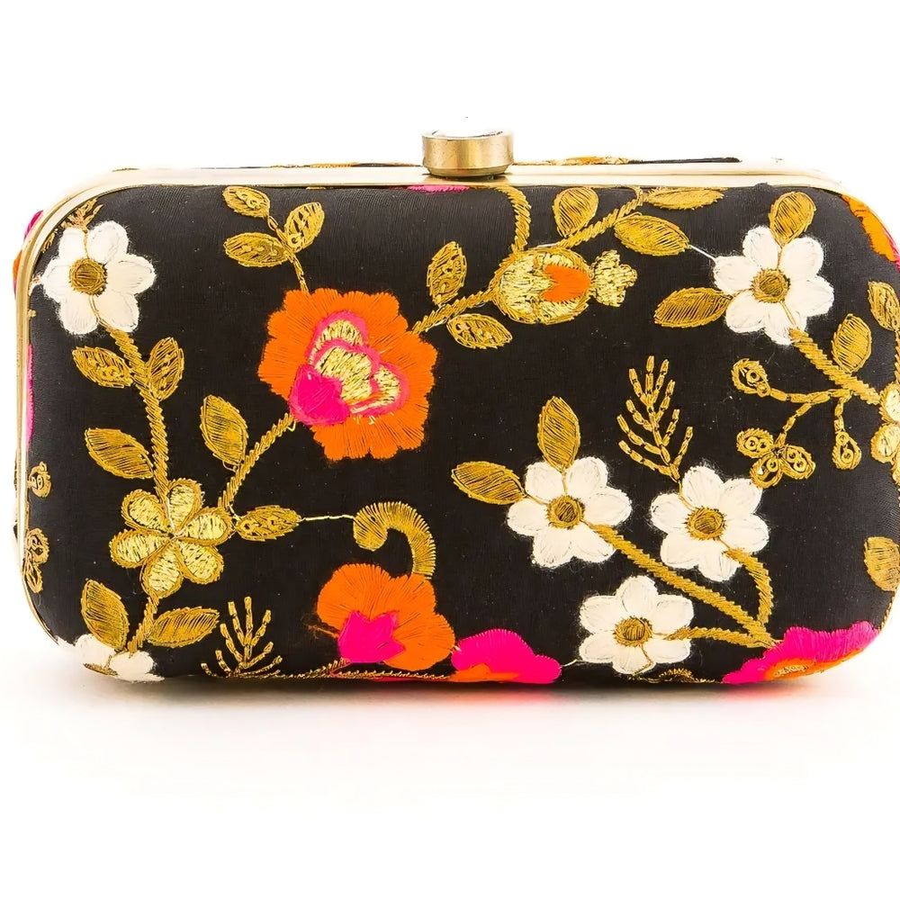 Black Floral Embroidered Clutch with Gold Accents