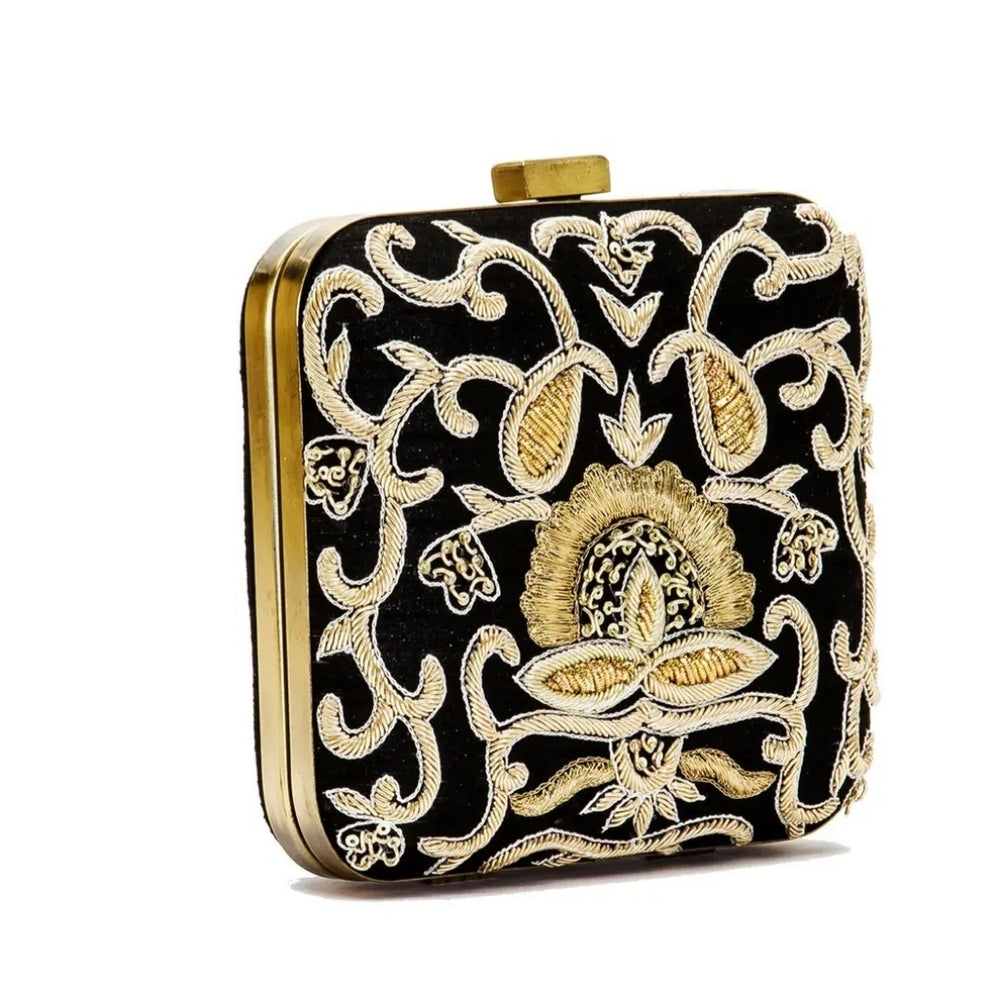 Elegant Black and Gold Embroidered Clutch