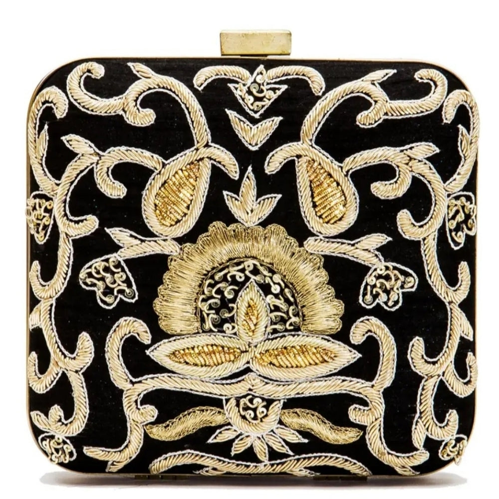 Elegant Black and Gold Embroidered Clutch