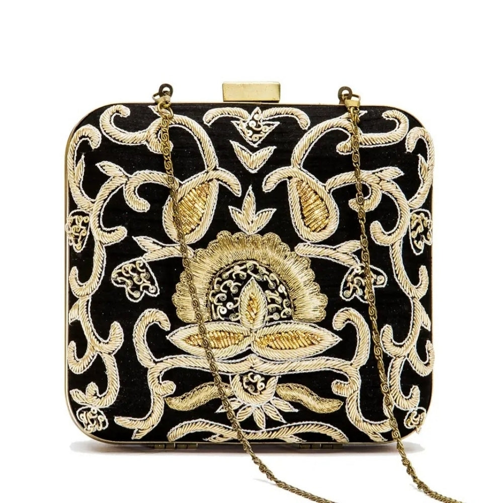 Elegant Black and Gold Embroidered Clutch