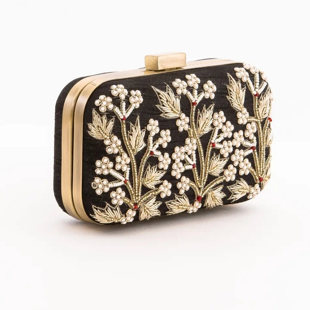 Elegant Black and Gold Embellished Clutch