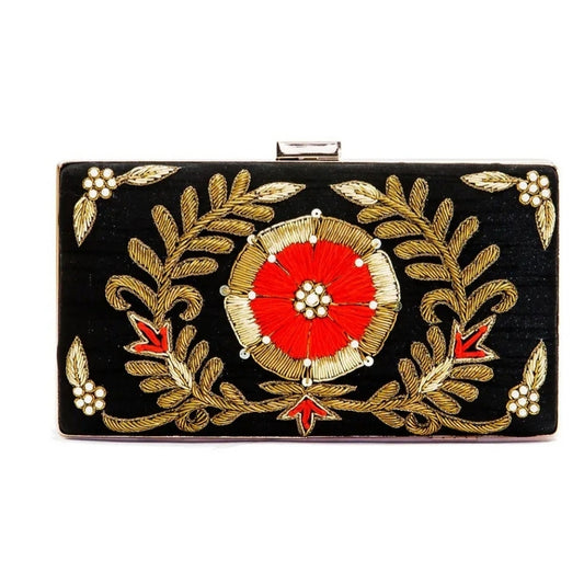 Elegant Black and Gold Embroidered Clutch