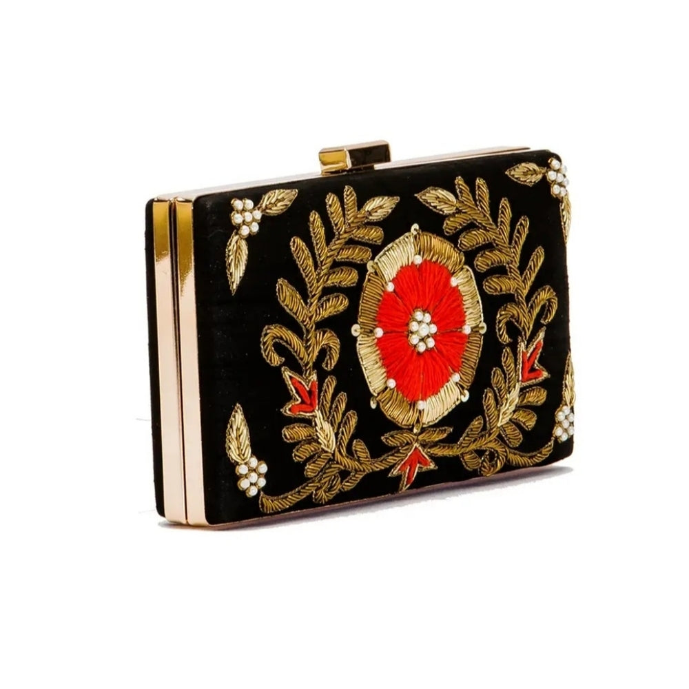 Elegant Black and Gold Embroidered Clutch