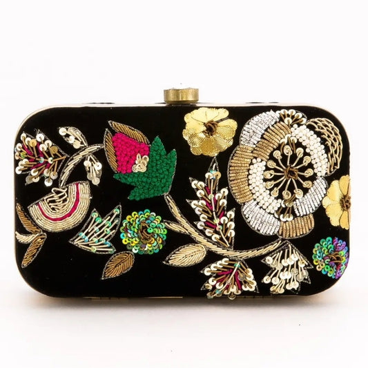 Embroidered Floral Black Clutch