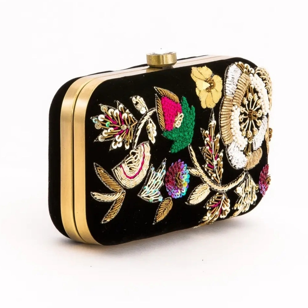 Embroidered Floral Black Clutch