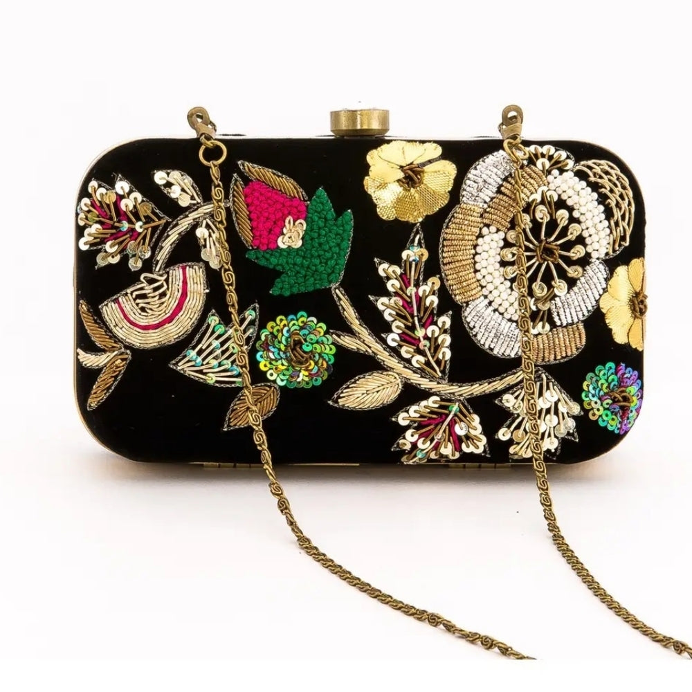 Embroidered Floral Black Clutch