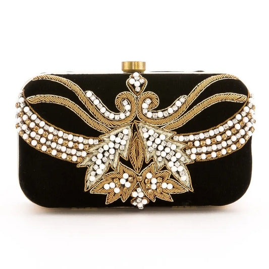 Elegant Black and Gold Embellished Clutch