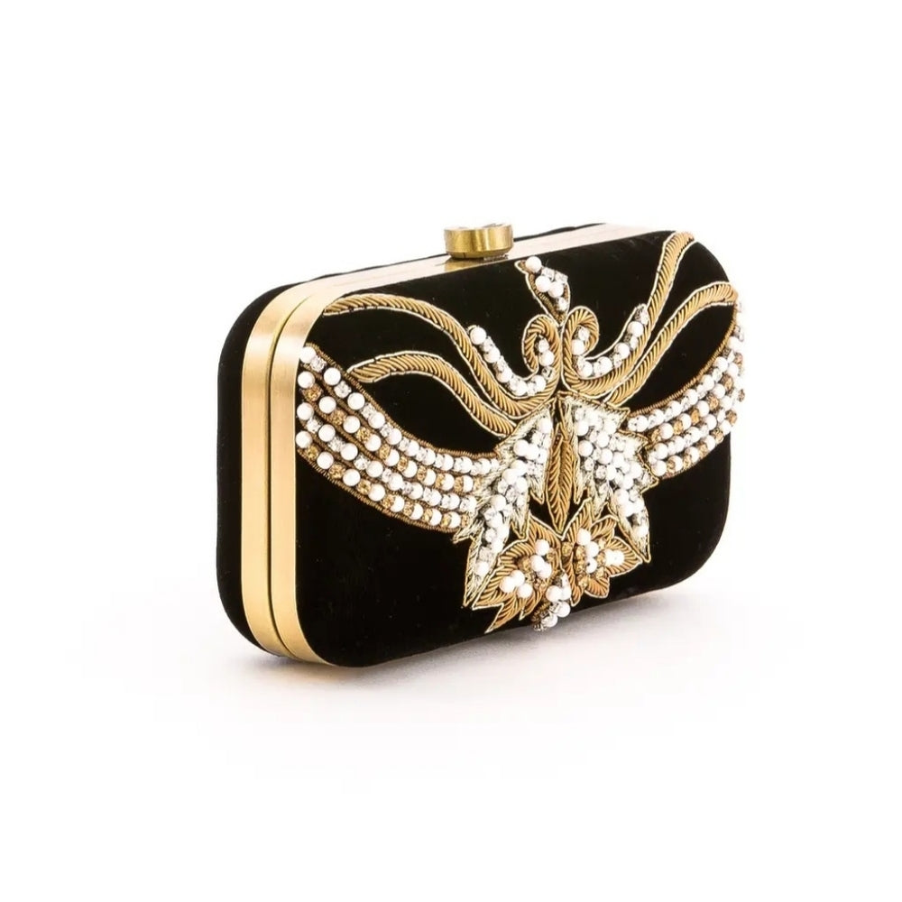 Elegant Black and Gold Embellished Clutch