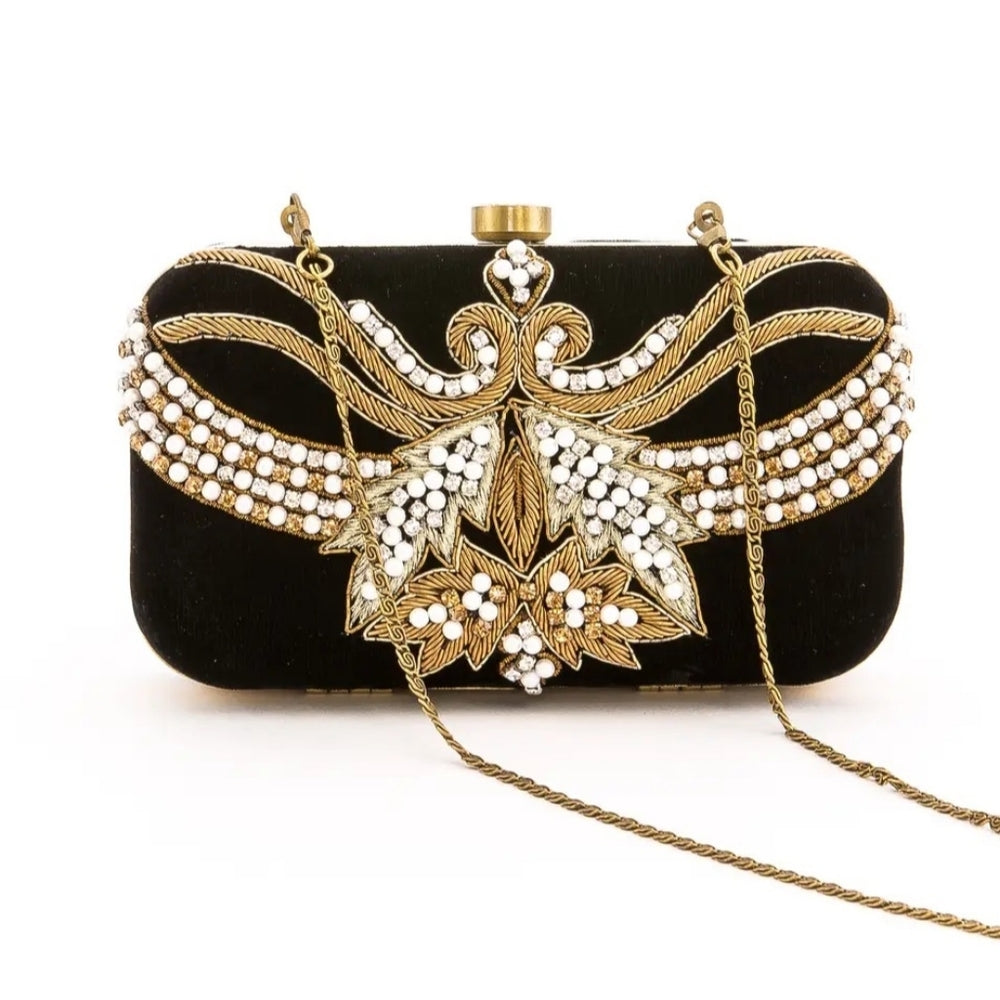 Elegant Black and Gold Embellished Clutch
