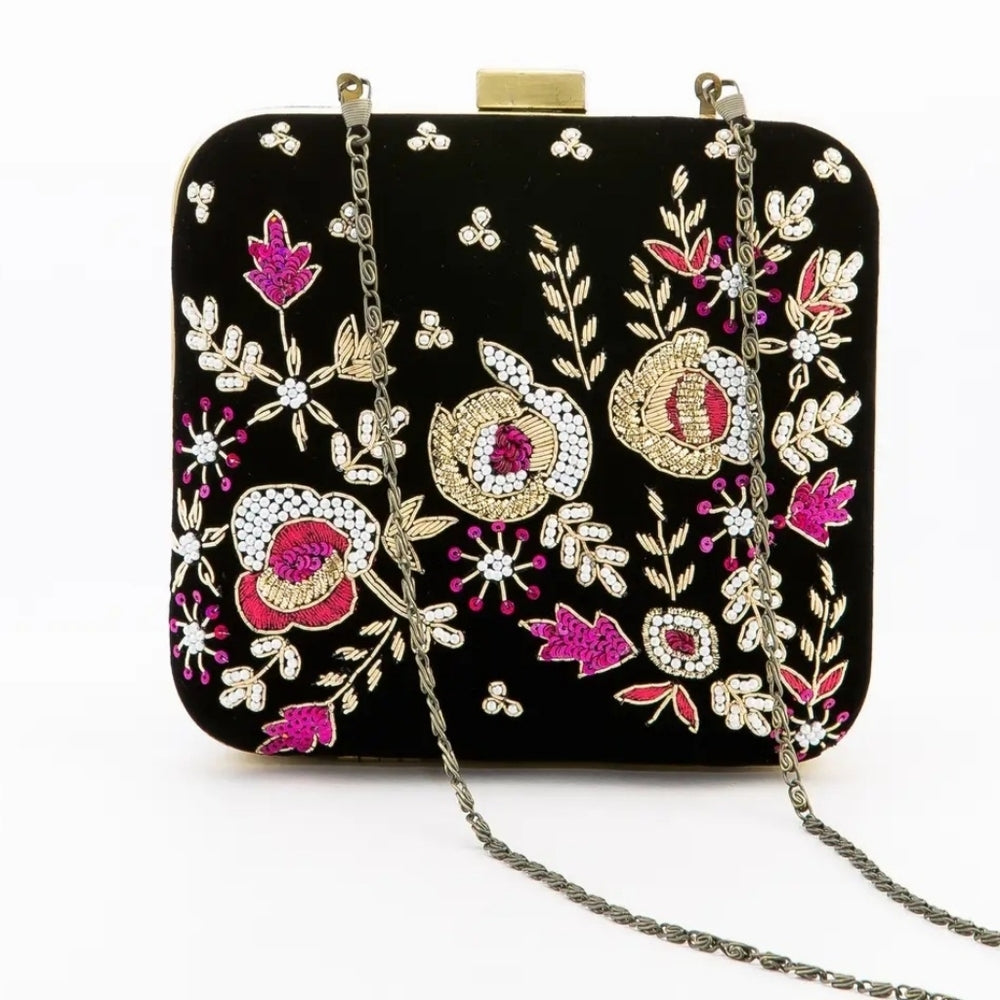 Embroidered Black Floral Clutch