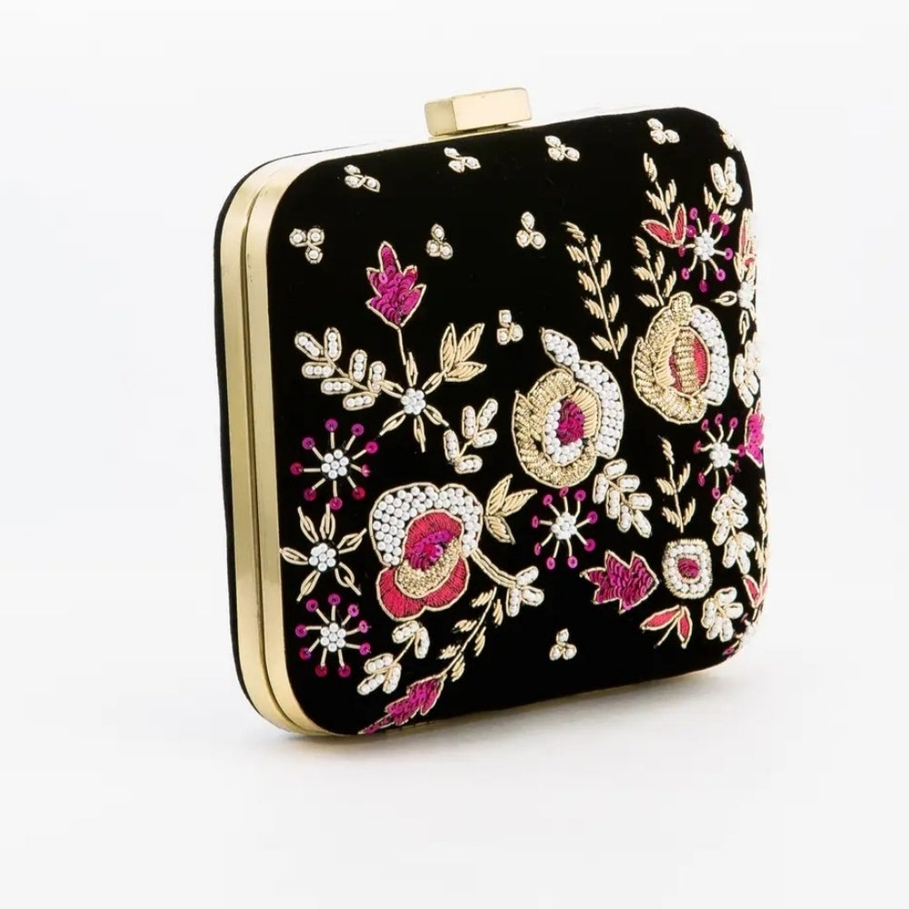 Embroidered Black Floral Clutch