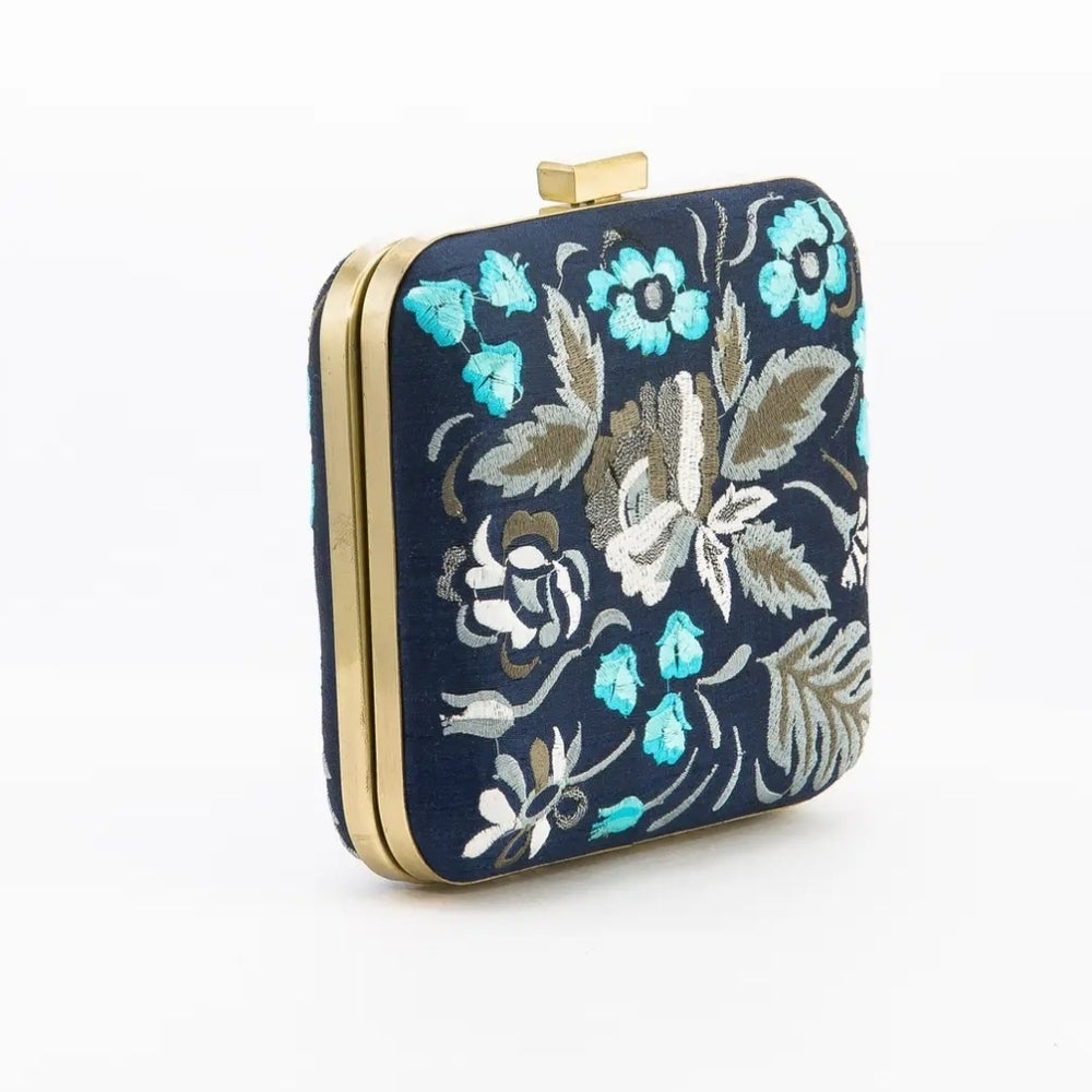 Floral Embroidered Clutch - Blue and Gold