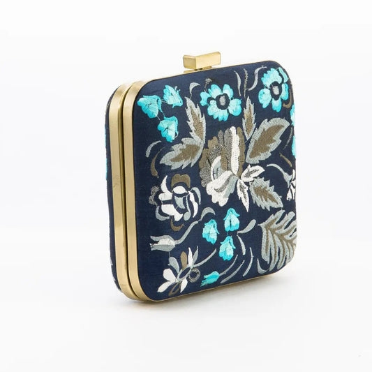 Floral Embroidered Clutch - Blue and Gold