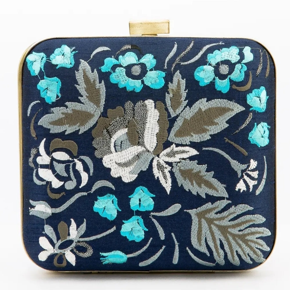 Floral Embroidered Clutch - Blue and Gold