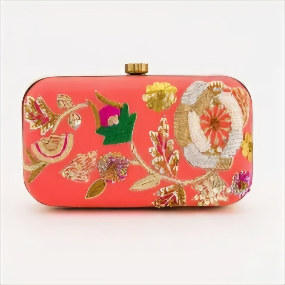 Floral Embellished Coral Clutch