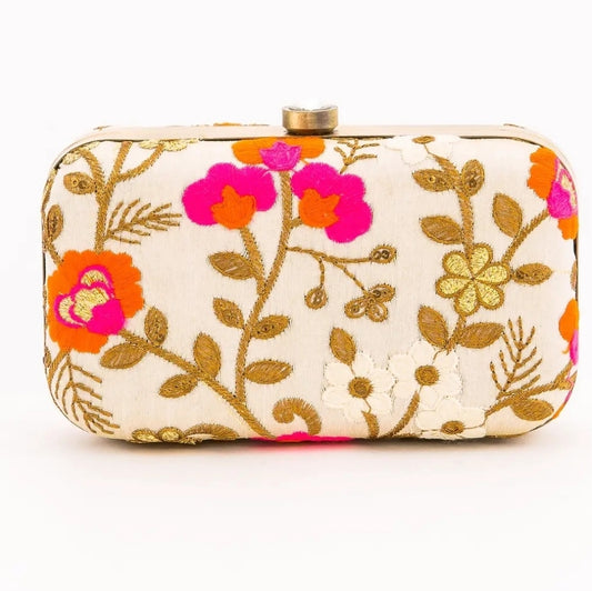 Floral Embroidered Clutch - Cream, Pink, Orange, Gold