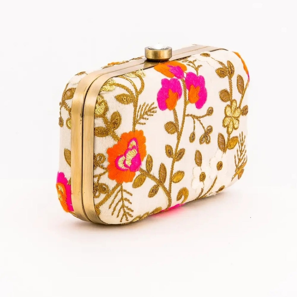 Floral Embroidered Clutch - Cream, Pink, Orange, Gold