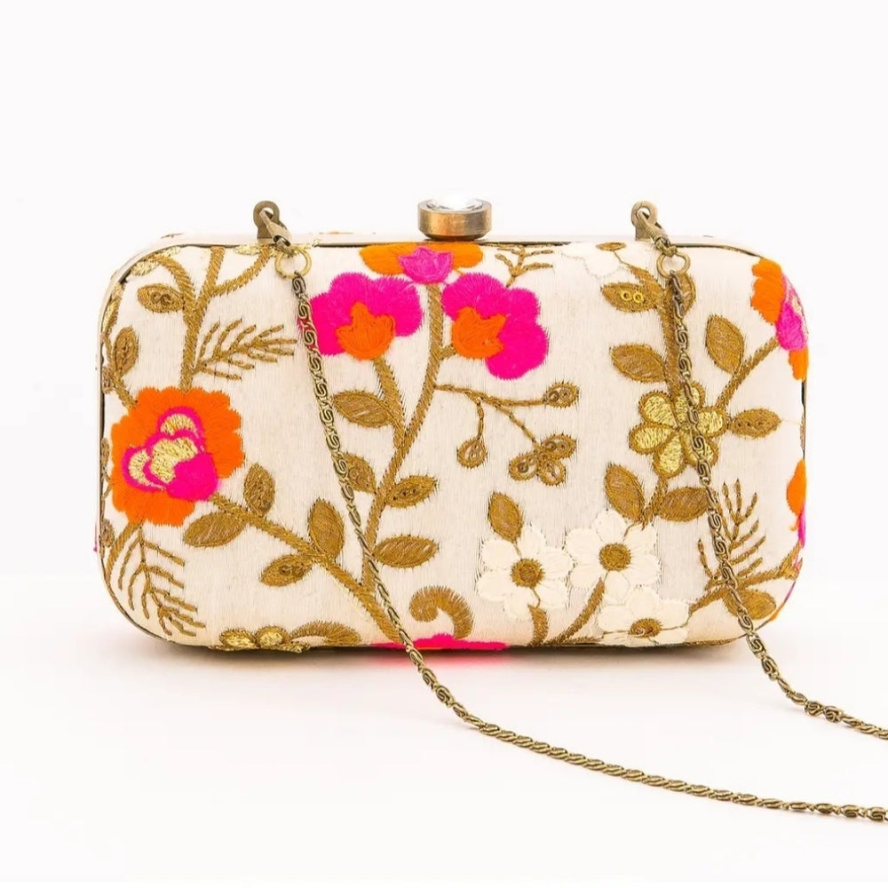 Floral Embroidered Clutch - Cream, Pink, Orange, Gold
