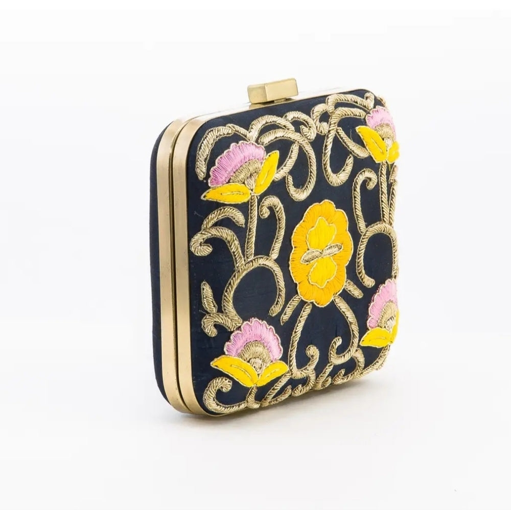 Embroidered Floral Clutch - Black and Gold