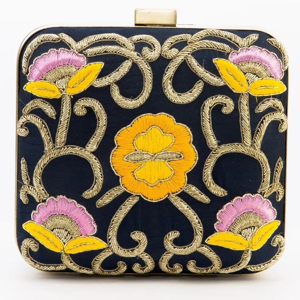 Embroidered Floral Clutch - Black and Gold