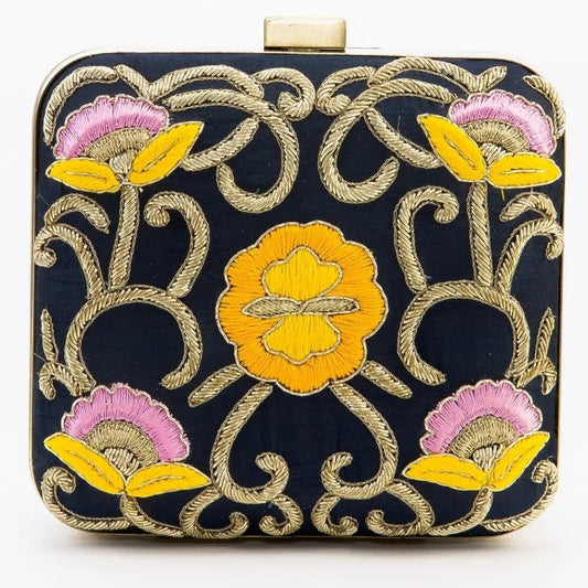 Embroidered Floral Clutch - Black and Gold