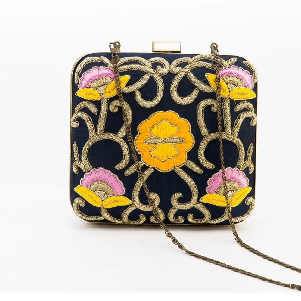 Embroidered Floral Clutch - Black and Gold
