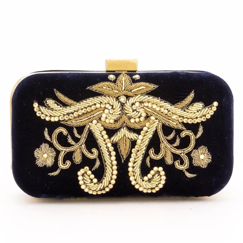 Navy and Gold Embroidered Clutch