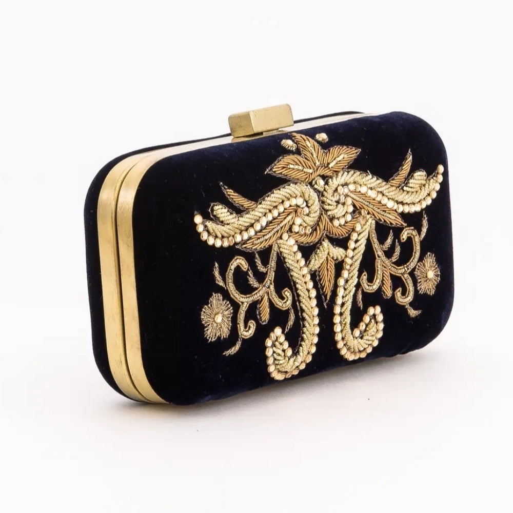 Navy and Gold Embroidered Clutch