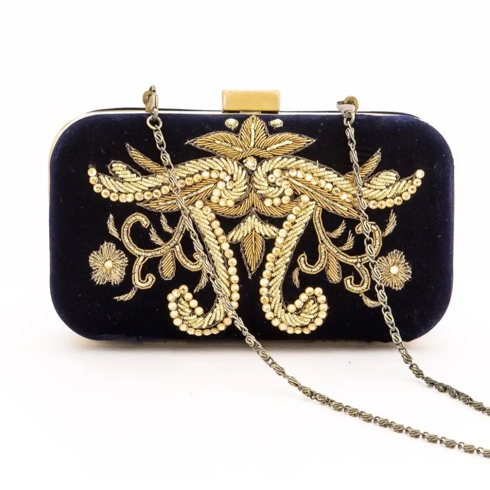 Navy and Gold Embroidered Clutch