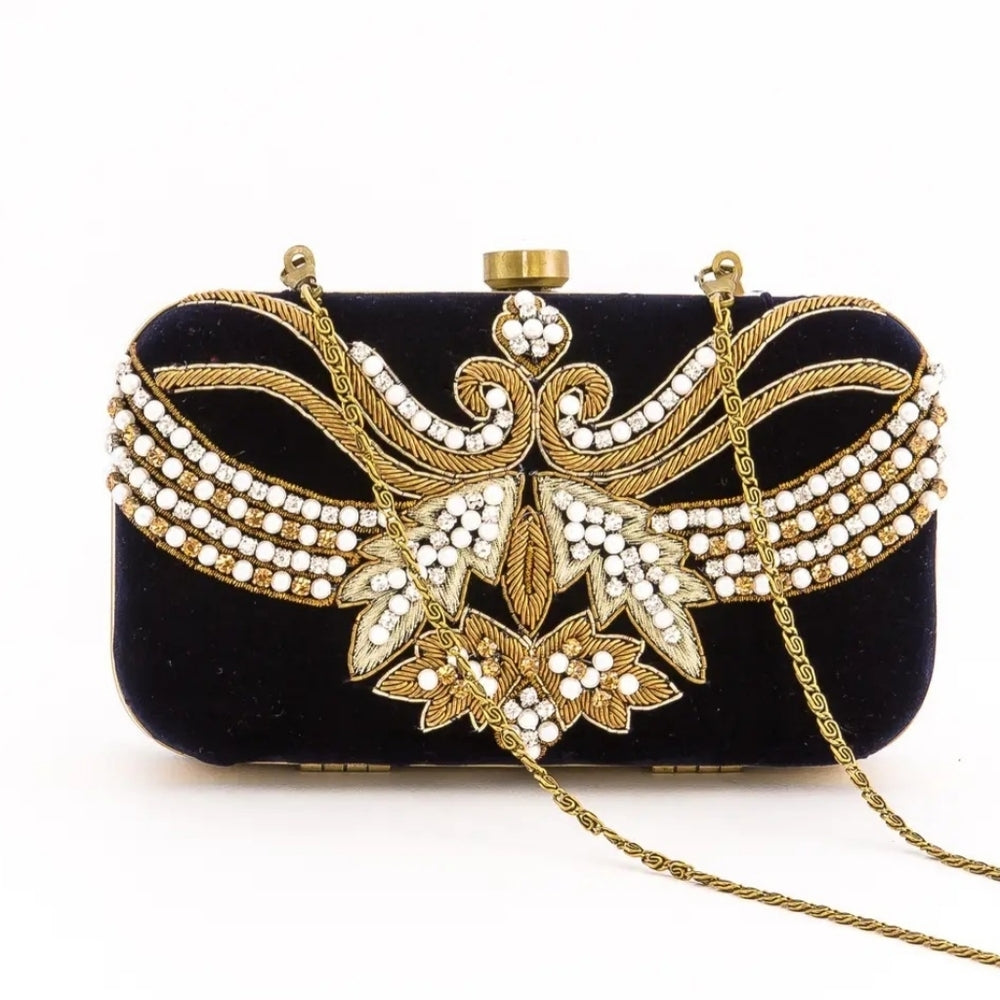 Dark Navy and Gold Embellished Clutch