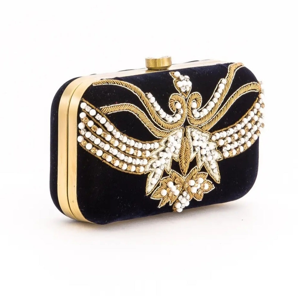 Dark Navy and Gold Embellished Clutch