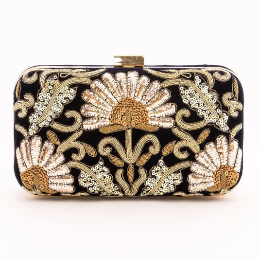 Elegant Dark Navy and Gold Floral Clutch