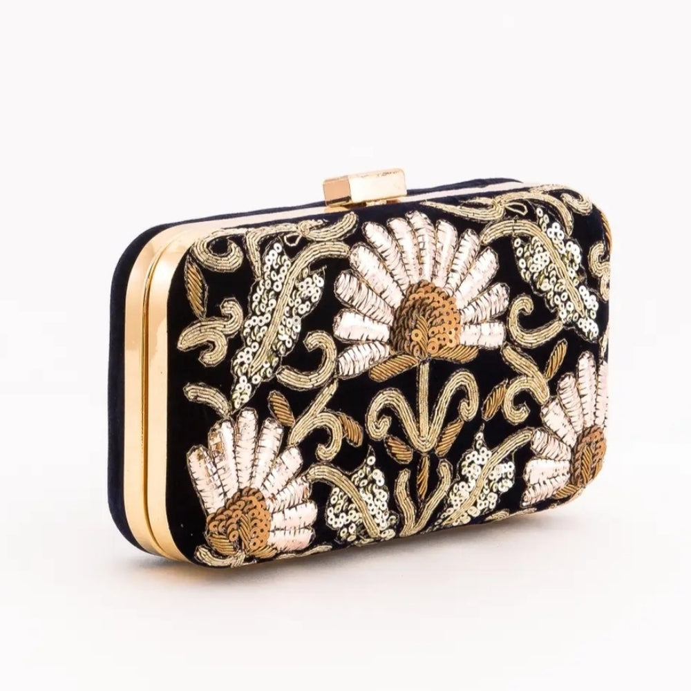 Elegant Dark Navy and Gold Floral Clutch