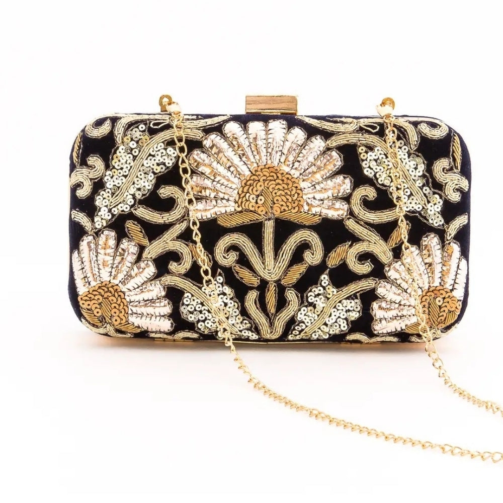 Elegant Dark Navy and Gold Floral Clutch