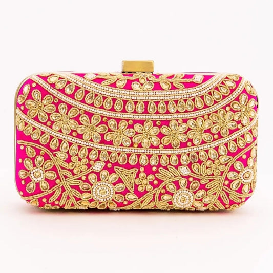 Elegant Pink and Gold Embroidered Clutch