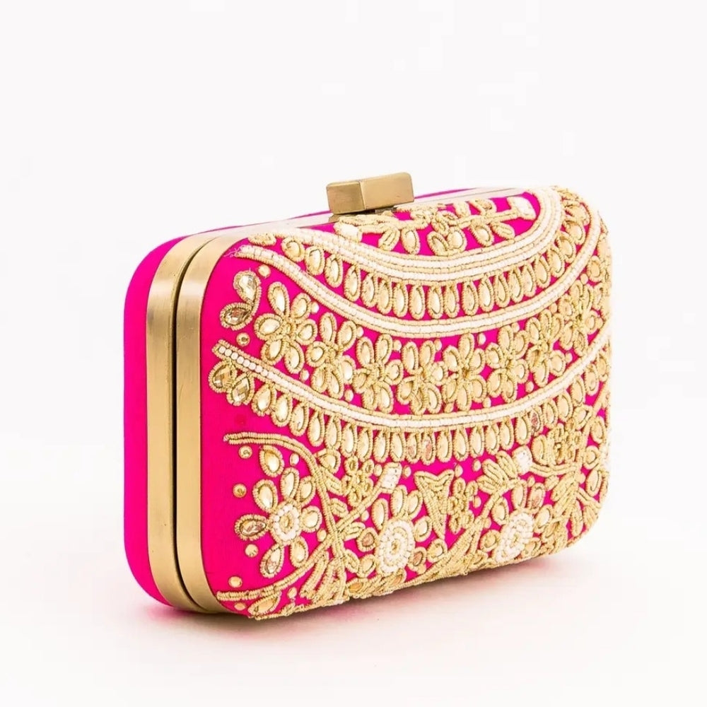 Elegant Pink and Gold Embroidered Clutch