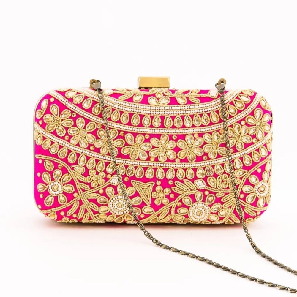 Elegant Pink and Gold Embroidered Clutch