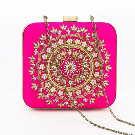 Pink Embroidered Clutch Bag