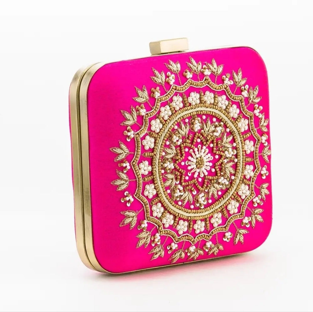 Pink Embroidered Clutch Bag