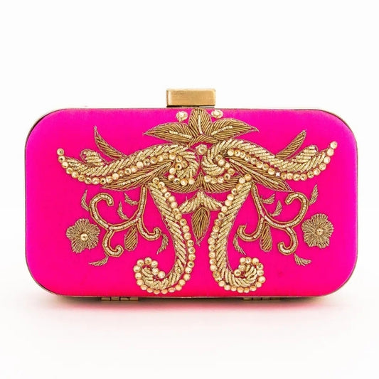 Elegant Pink and Gold Embroidered Clutch