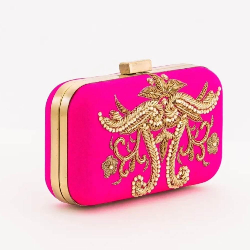 Elegant Pink and Gold Embroidered Clutch