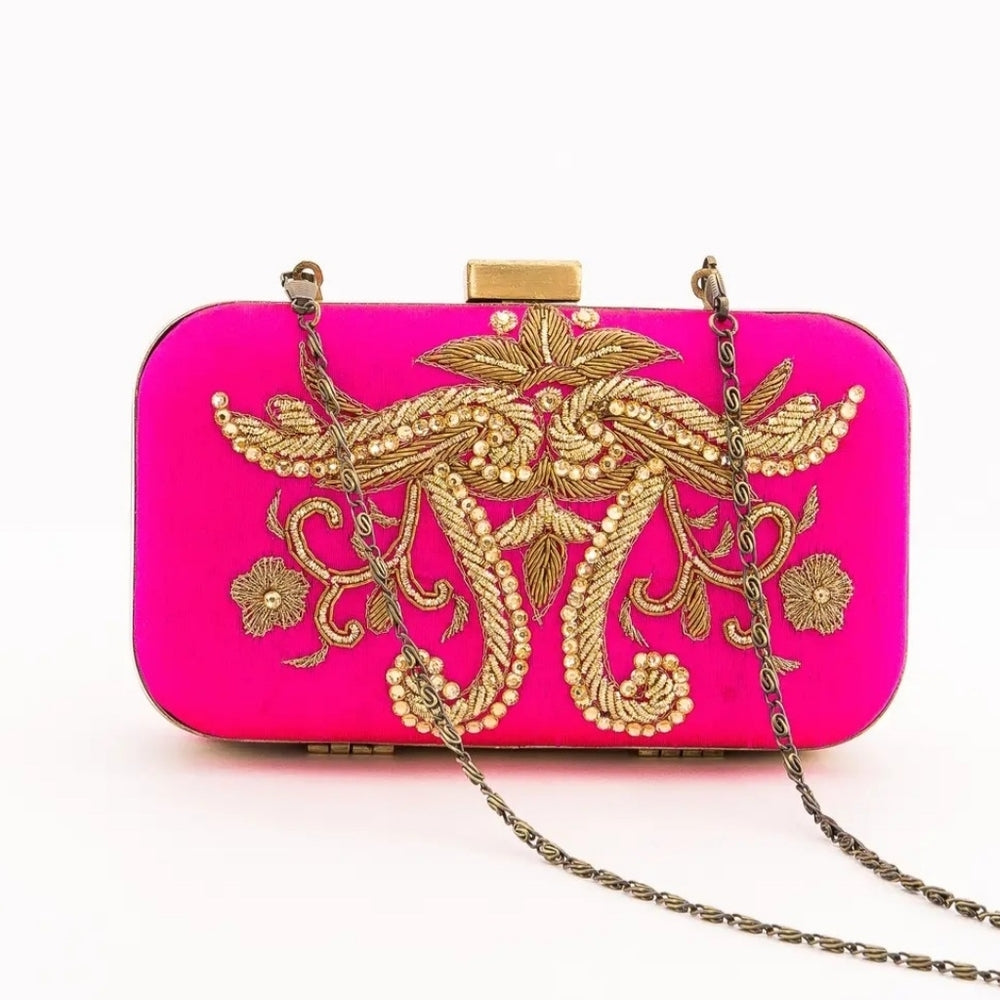 Elegant Pink and Gold Embroidered Clutch