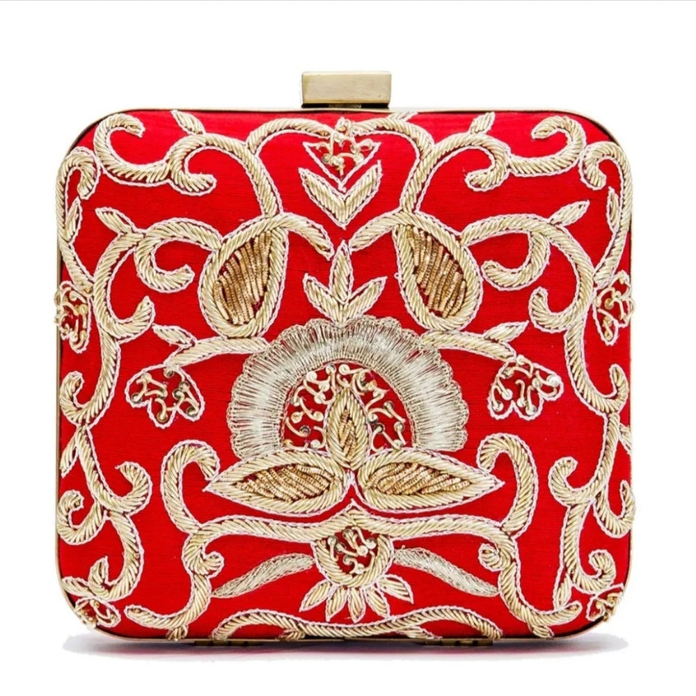 Vibrant Red Clutch with Gold Embroidery