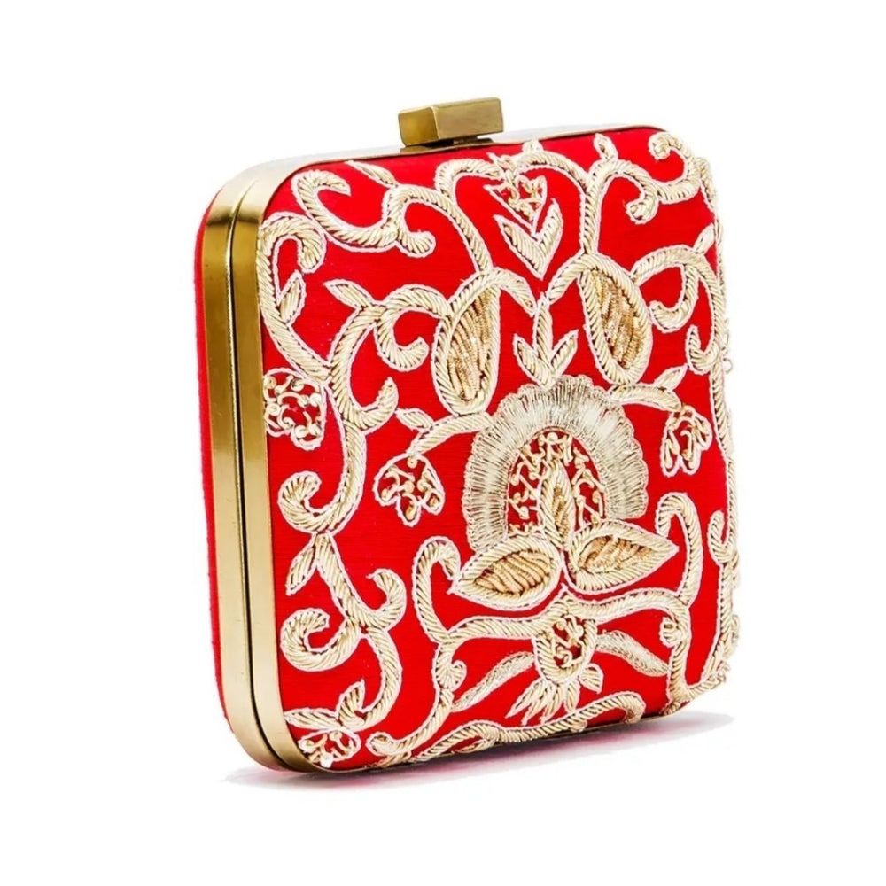 Vibrant Red Clutch with Gold Embroidery