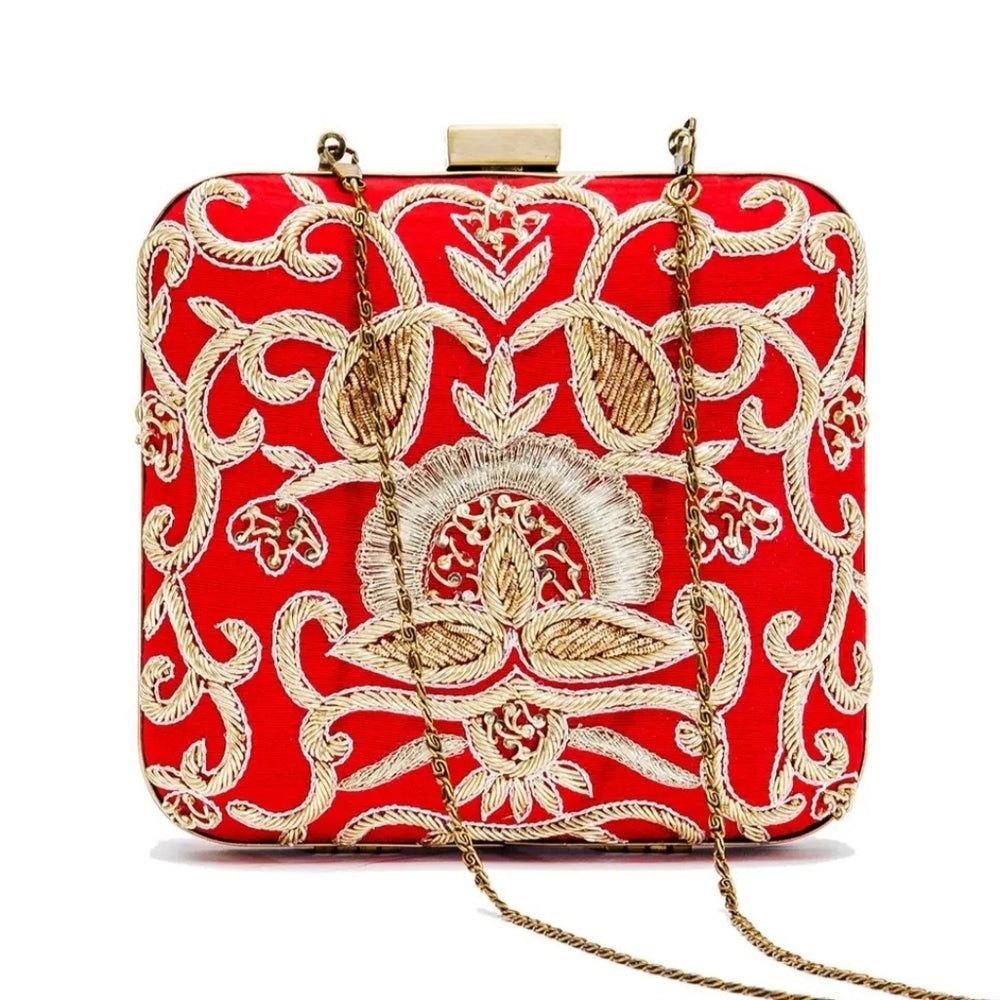 Vibrant Red Clutch with Gold Embroidery