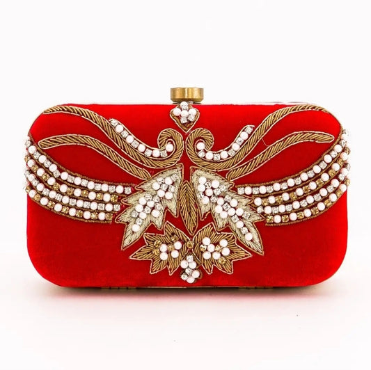 Elegant Red Clutch with Gold Embellishments