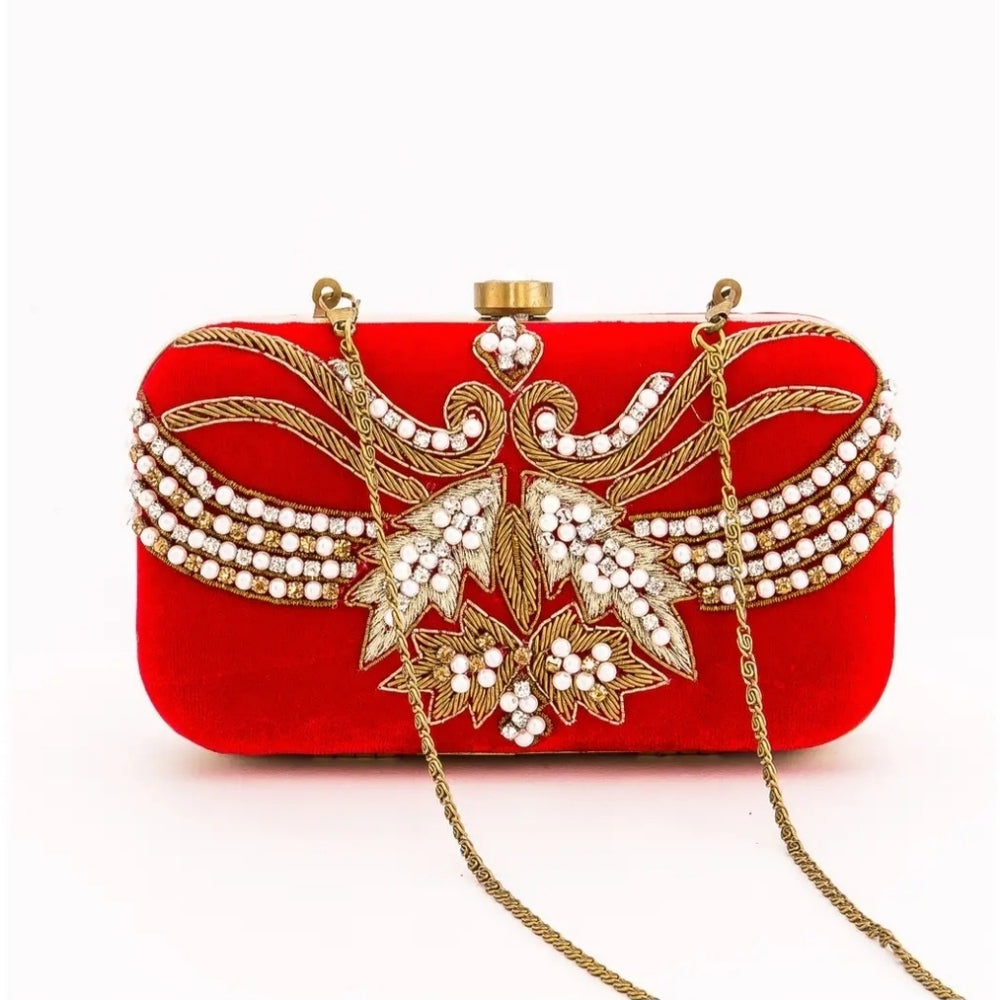 Elegant Red Clutch with Gold Embellishments