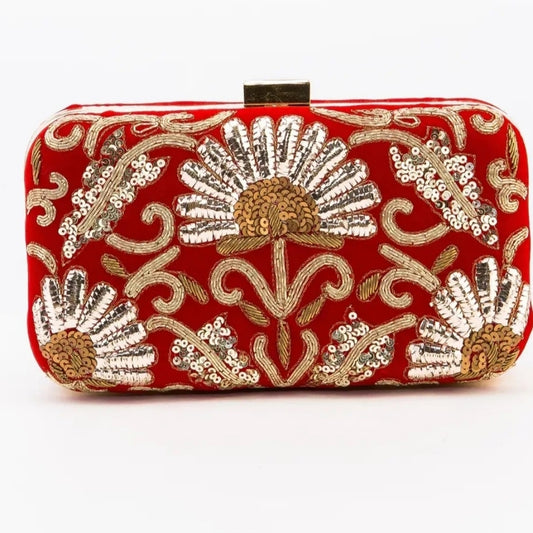 Elegant Red and Gold Floral Clutch