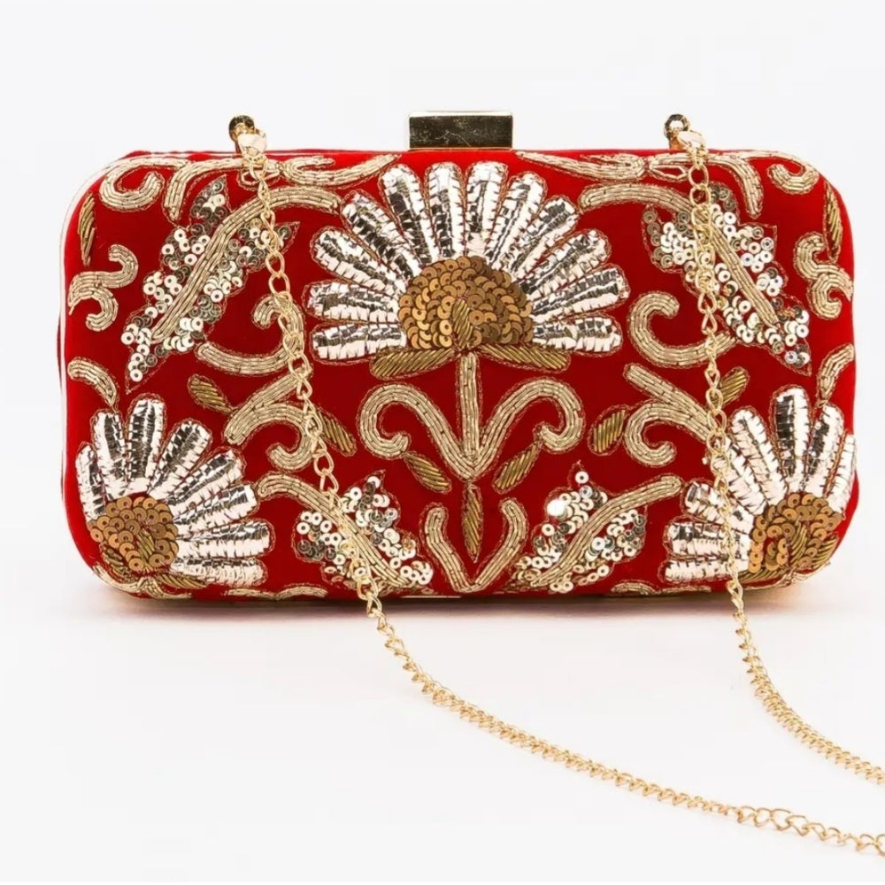 Elegant Red and Gold Floral Clutch